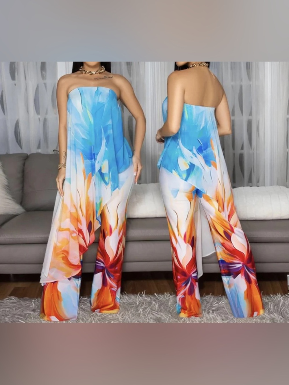 Strapless Floral Wide-Leg Jumpsuit in Blue & Orange NWT